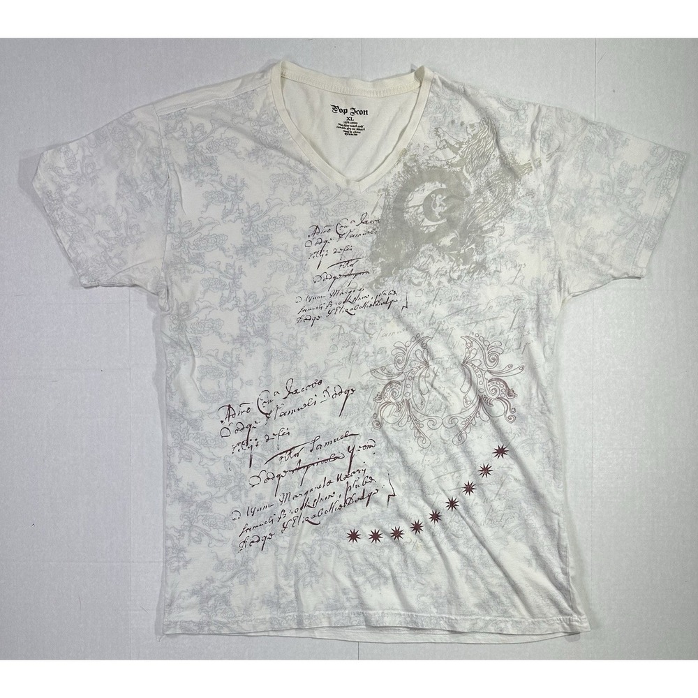 Pop Icon XL Men's V-Neck T-Shirt Script Graphic All Over Print Vintage Style